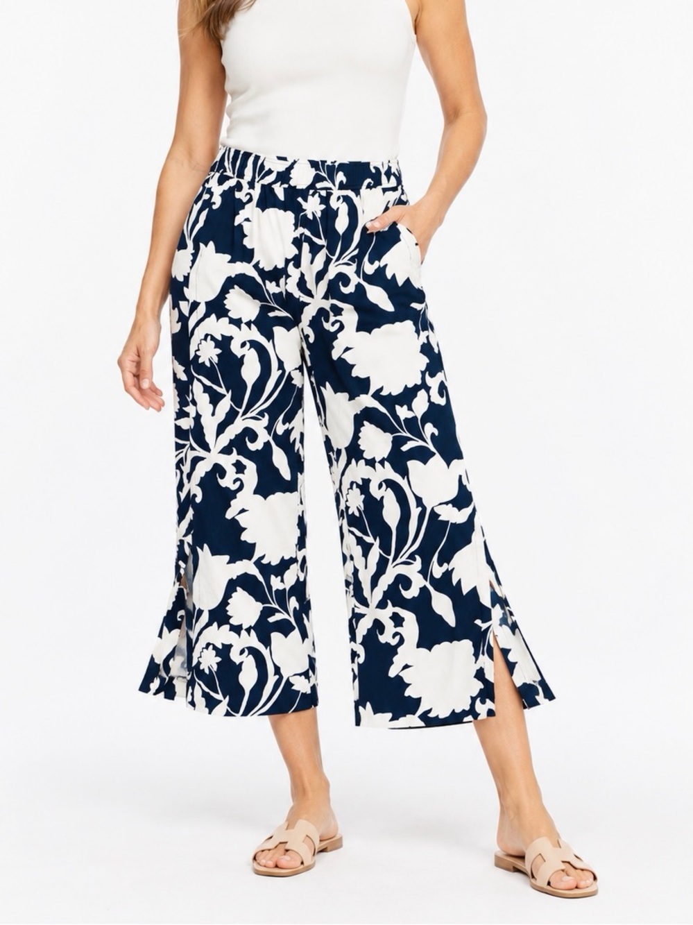CHICO’S Flowy Navy Blue & White Floral Cropped Split Wide-Leg Pants — #LHP
